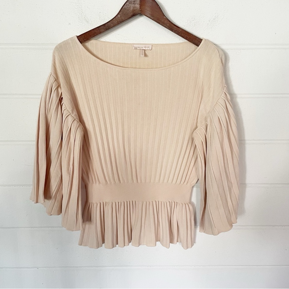 Rebecca Taylor Suppressed Waist Pleated Knit Top in Blush Size Medium